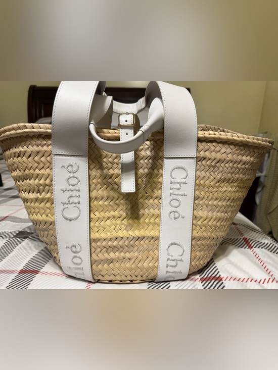 Chloe Handbags - Chloé Sense Basket Tote Raffia with White Leather Straps